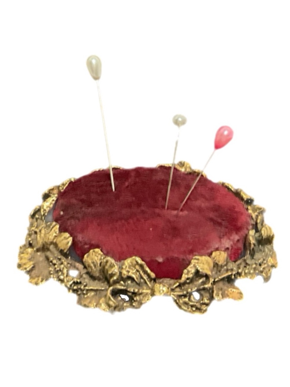 Vintage Red Velvet Pin Cushion with Brass Base